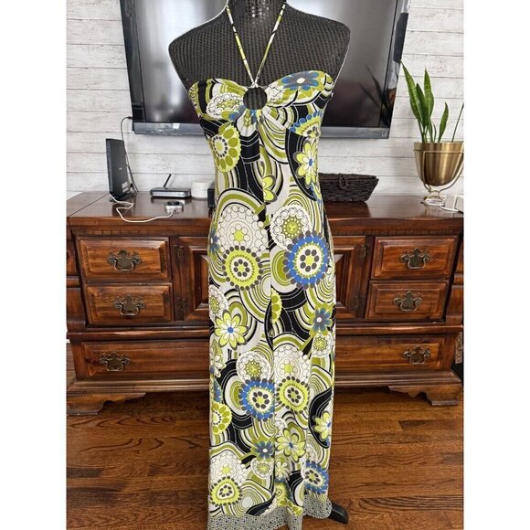 Sele Halter Neck Bandeau Lined Cup Bra Top Dragonfly Summer Maxi Dress Size M - Picture 1 of 5